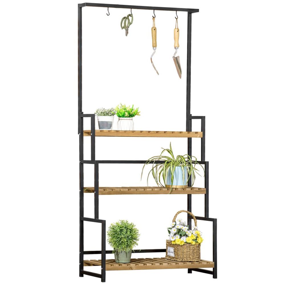 S0671114959 - 3 Tiered Plant Stand Rack with Hanging Hooks for Indoor Outdoor Decoration - Coa Living