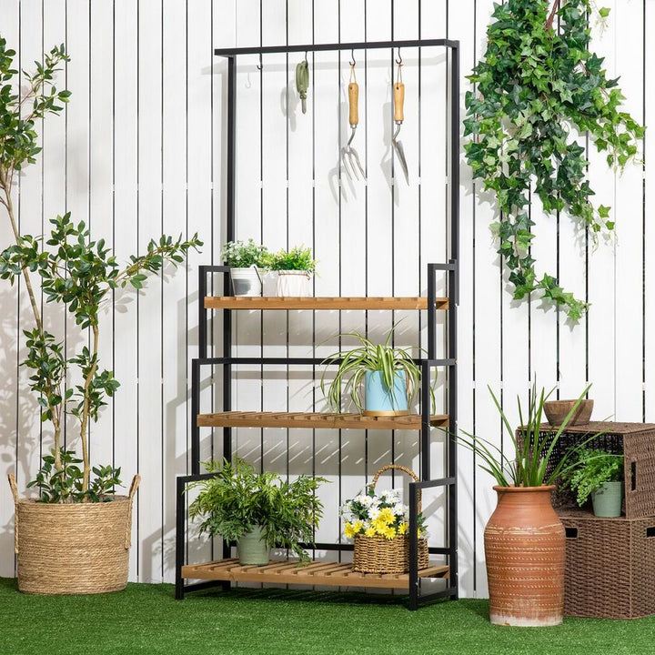 S0671114959 - 3 Tiered Plant Stand Rack with Hanging Hooks for Indoor Outdoor Decoration - Coa Living