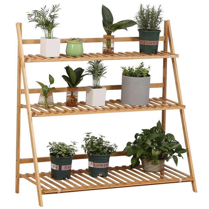 S0671114969 - 3 - Tier Folding Bamboo Plant Stand Display Shelf Rack for Indoor & Outdoor - Coa Living