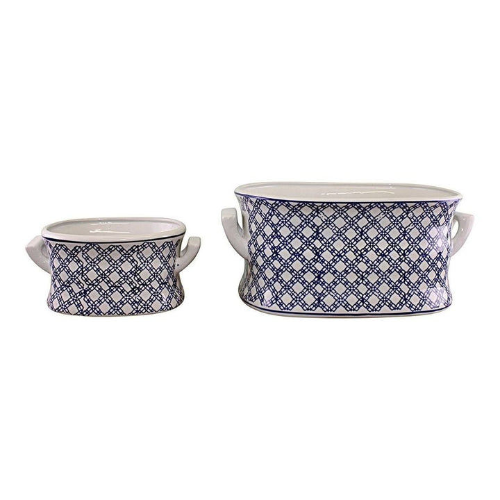 S0671124805 - Set of 2 Ceramic Footbath Planters, Vintage Blue & White Geometric Design - Coa Living