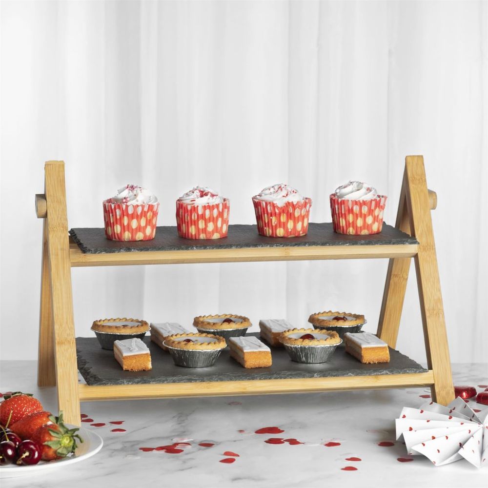 S0671145220 - Savora 2 Tier Slate and Bamboo Cake Stand - Coa Living