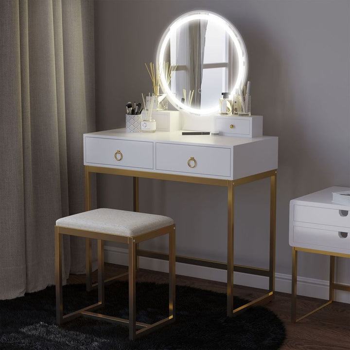 S0671148823 - Dressing Table Set With LED Mirror & Stool 2 Drawers Makeup Desk - Coa Living