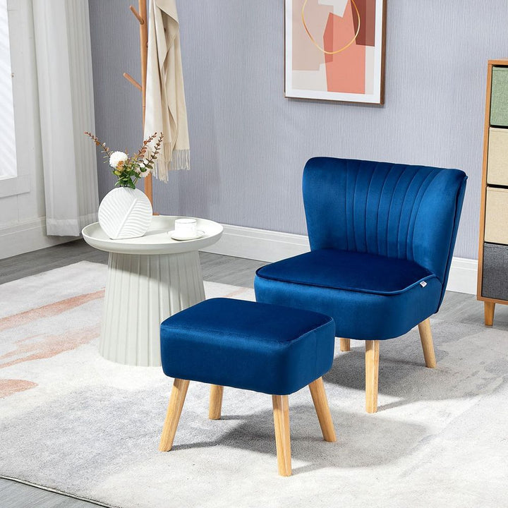 S0671157133 - Velvet - Feel Accent Chair w/ Ottoman Tub Seat Padding Wood Legs Dark Blue - Coa Living