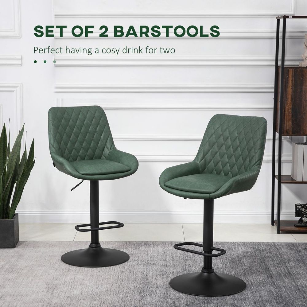 S0671346575 - HOMCOM Bar Stools Set of 2, Adjustable Bar Chairs 360° Swivel for Kitchen Green - Coa Living