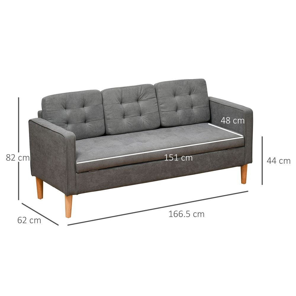 S0671347076 - 3-Seater Sofa Button-Tufted Fabric Couch with Hidden Storage, Rubberwood Legs - Coa Living