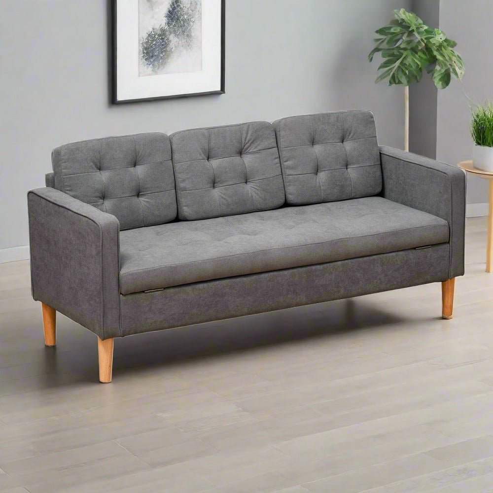 S0671347076 - 3-Seater Sofa Button-Tufted Fabric Couch with Hidden Storage, Rubberwood Legs - Coa Living