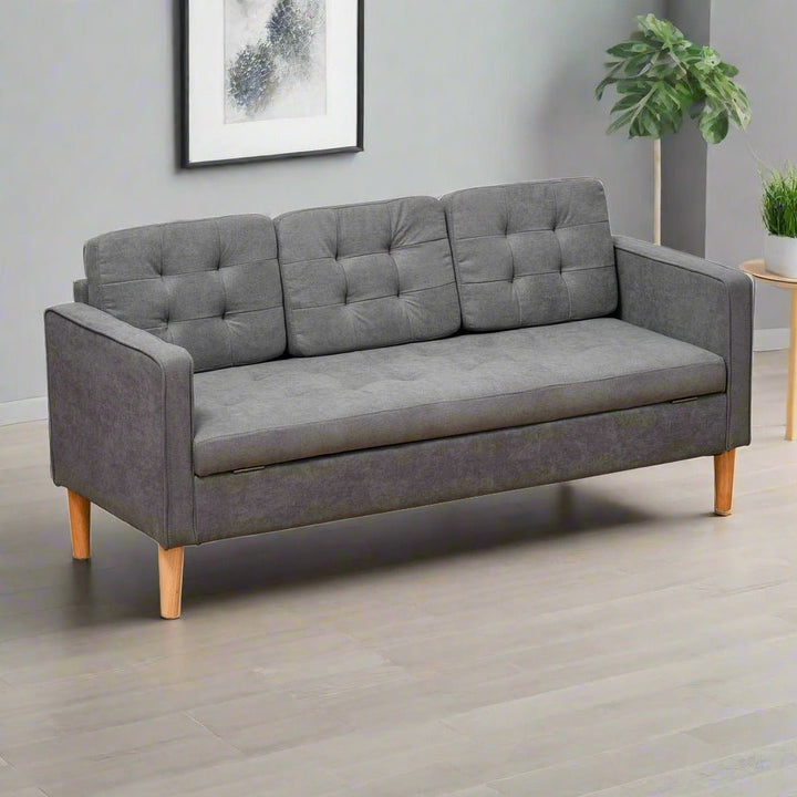 S0671347076 - 3-Seater Sofa Button-Tufted Fabric Couch with Hidden Storage, Rubberwood Legs - Coa Living