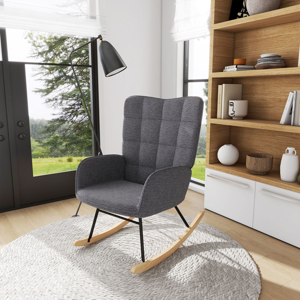 S0671347083 - HOMCOM Wingback Rocking Chair for Nursing w/ Steel Frame and Wooden Base Grey - Coa Living