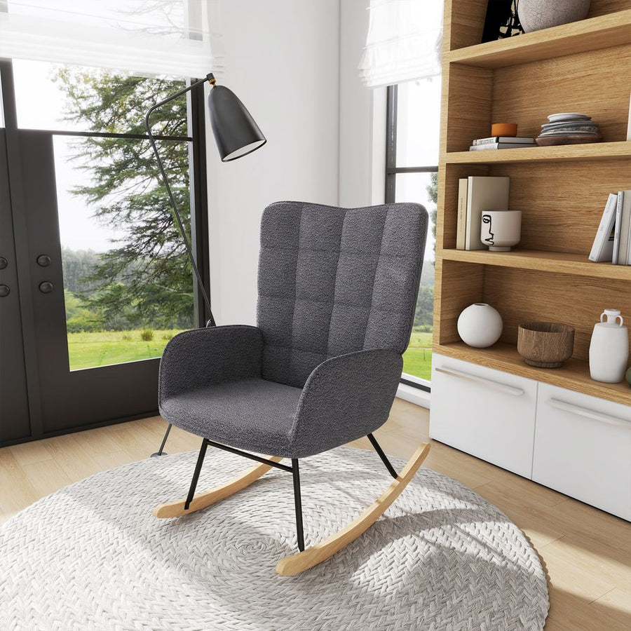 S0671347083 - HOMCOM Wingback Rocking Chair for Nursing w/ Steel Frame and Wooden Base Grey - Coa Living