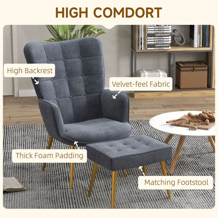 S0671347095 - HOMCOM Button Tufted Armchair with Footstool and Gold Tone Steel Legs Dark Grey - Coa Living