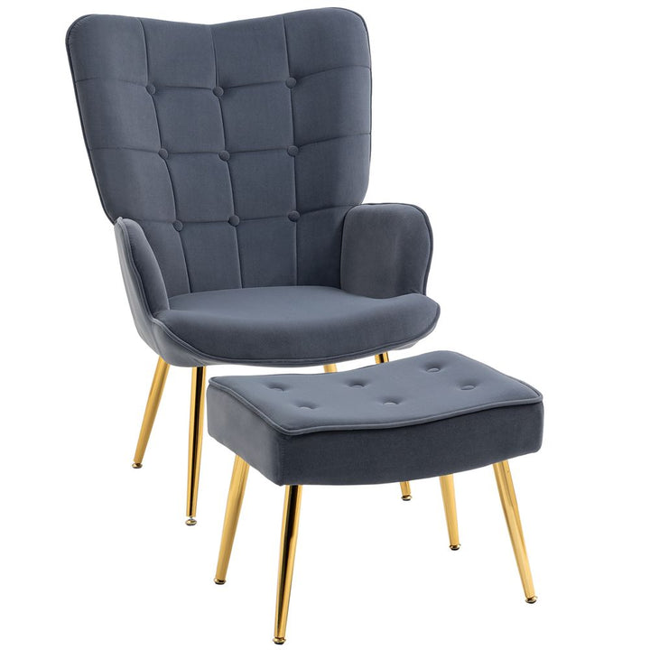 S0671347095 - HOMCOM Button Tufted Armchair with Footstool and Gold Tone Steel Legs Dark Grey - Coa Living