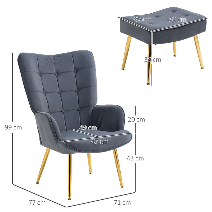 S0671347095 - HOMCOM Button Tufted Armchair with Footstool and Gold Tone Steel Legs Dark Grey - Coa Living