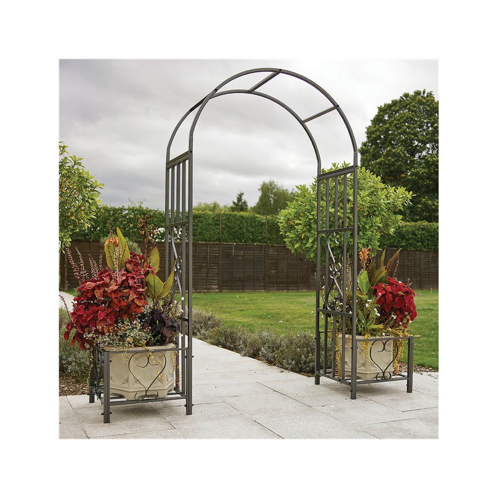 S0671362520 - Huntingdon Ornamental Garden Arch with Planters – Sturdy Steel Frame, Scrolled Design, Gun Metal Grey – Easy Assembly - Coa Living