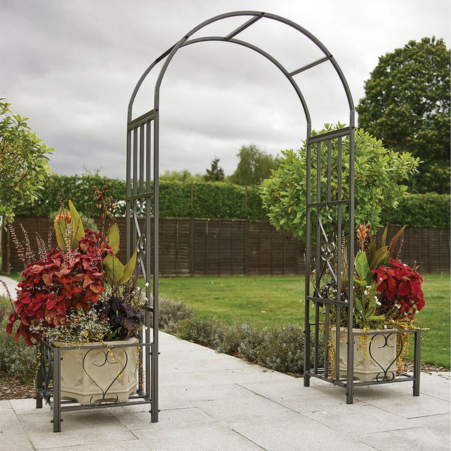 S0671362520 - Huntingdon Ornamental Garden Arch with Planters – Sturdy Steel Frame, Scrolled Design, Gun Metal Grey – Easy Assembly - Coa Living