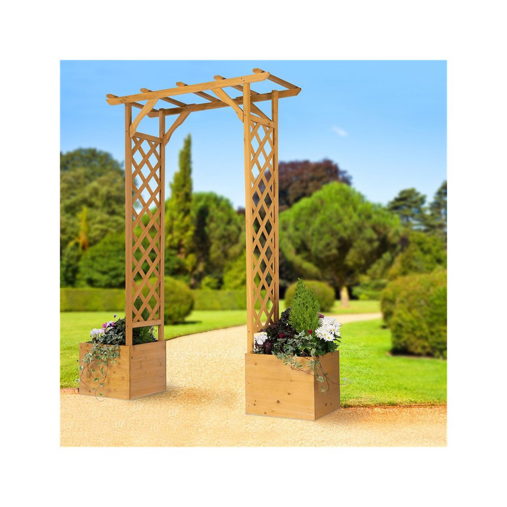 S0671362557 - Wooden Garden Arch with Planters | Ornate Timber Walkway - Coa Living