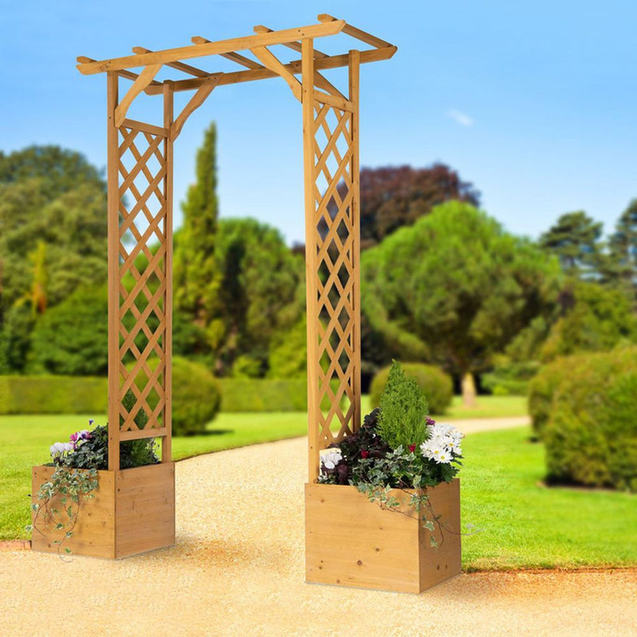 S0671362557 - Wooden Garden Arch with Planters | Ornate Timber Walkway - Coa Living