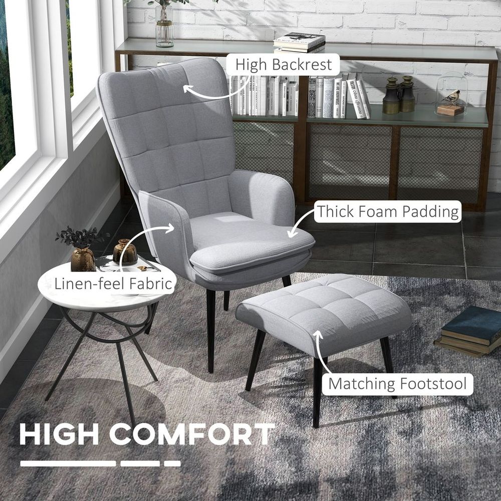 S0671383475 - HOMCOM Living Room Chair with Footstool and Steel Legs, Light Grey - Coa Living