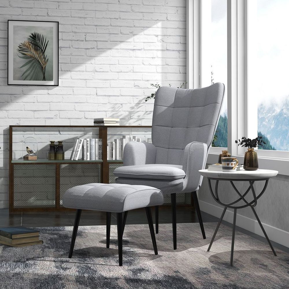 S0671383475 - HOMCOM Living Room Chair with Footstool and Steel Legs, Light Grey - Coa Living