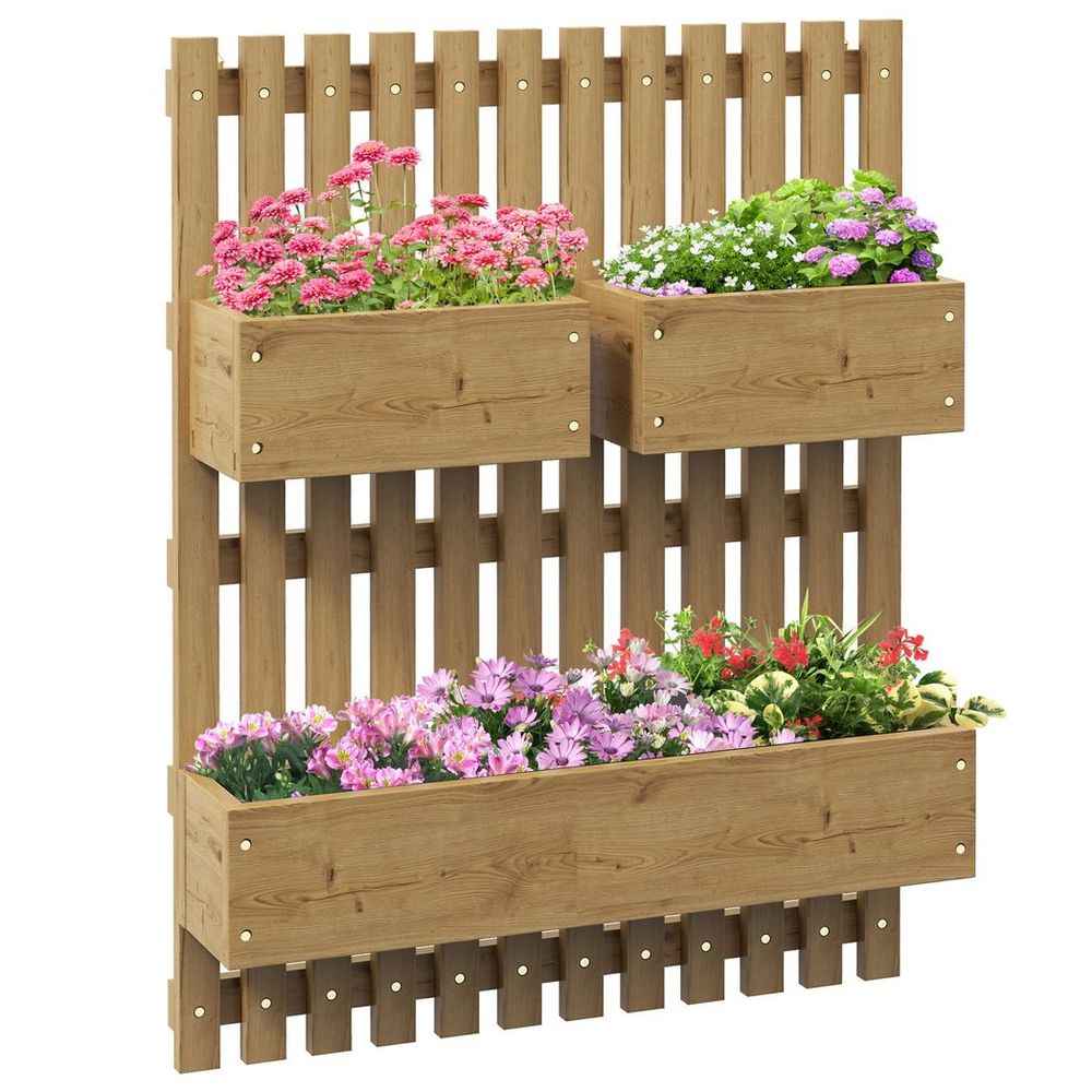 S0671383584 - Outsunny Wooden Garden Planters with Trellis Wall - mounted Raised Garden Bed - Coa Living