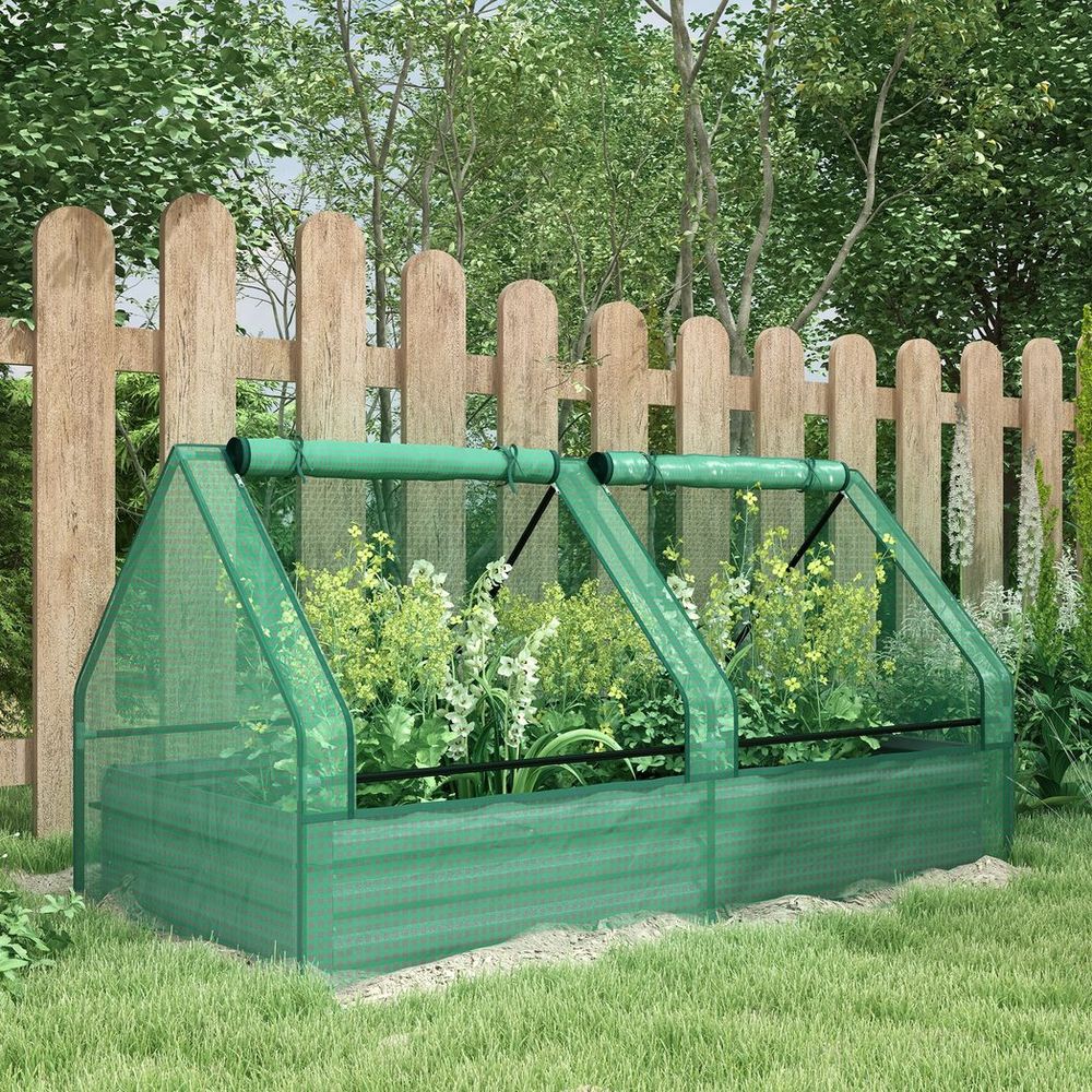 S0671383595 - Outsunny Raised Garden Bed Planter Box with Greenhouse, Green and Dark Grey - Coa Living