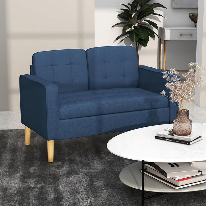 S0671383608 - HOMCOM Compact Loveseat Sofa 2 Seater Sofa with Storage and Wood Legs Blue - Coa Living