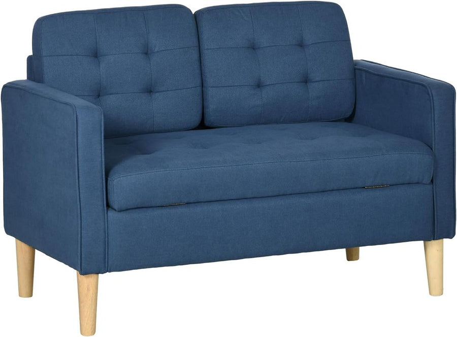 S0671383608 - HOMCOM Compact Loveseat Sofa 2 Seater Sofa with Storage and Wood Legs Blue - Coa Living