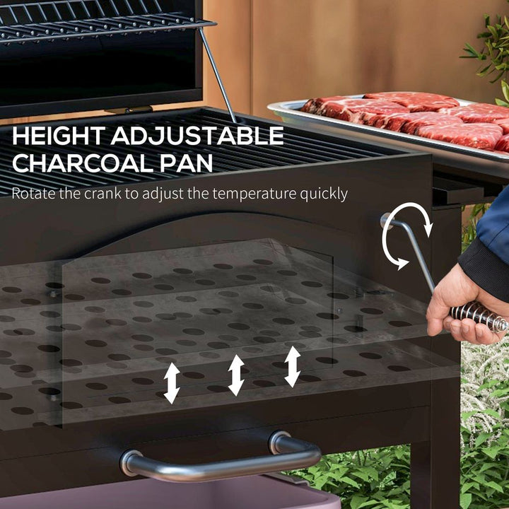 S0671440021 - Outsunny Charcoal Grill BBQ Trolley | 3 - in - 1 BBQ Grill, Smoker, & Charcoal Stove with Adjustable Height & Thermometer - Coa Living