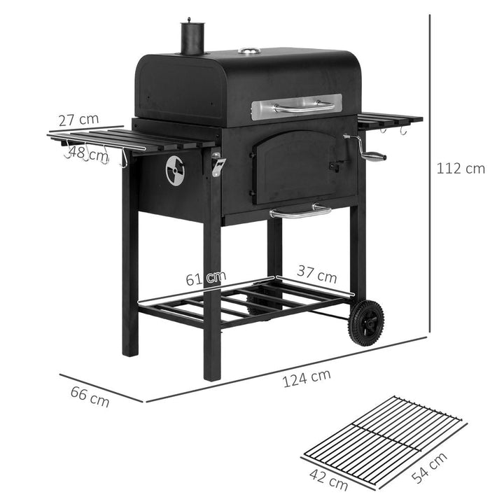 S0671440021 - Outsunny Charcoal Grill BBQ Trolley | 3 - in - 1 BBQ Grill, Smoker, & Charcoal Stove with Adjustable Height & Thermometer - Coa Living