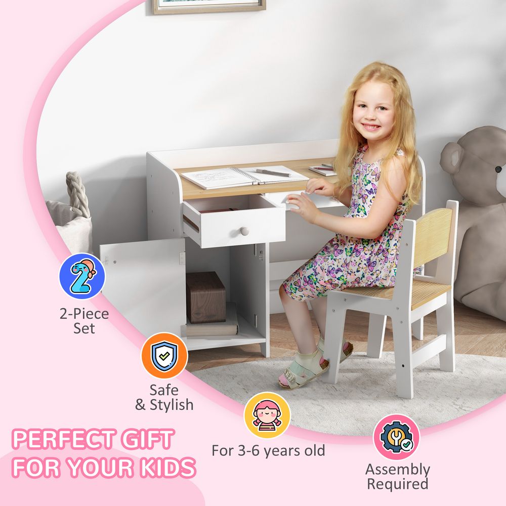 S0671467721 - ZONEKIZ Kids Desk and Chair Set for 3 - 6 Year Old with Storage Drawer, White - Coa Living