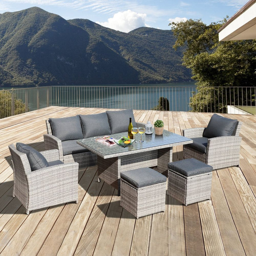 S067941875 - Outsunny 6 - Piece Rattan Dining Set with Sofa, Table, Footstool - Outdoor Garden Furniture, Grey - Coa Living