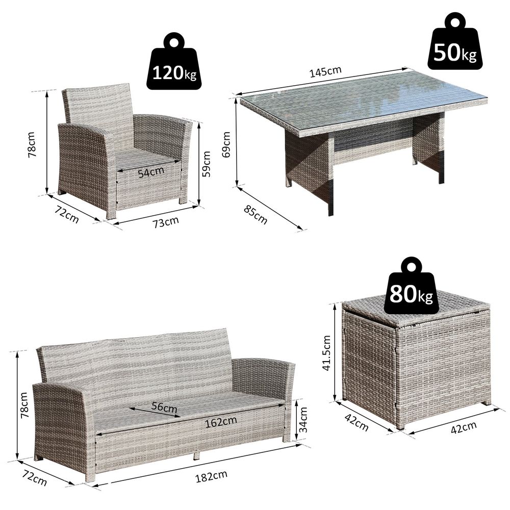 S067941875 - Outsunny 6 - Piece Rattan Dining Set with Sofa, Table, Footstool - Outdoor Garden Furniture, Grey - Coa Living