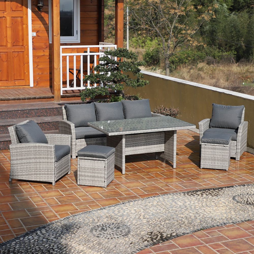 S067941875 - Outsunny 6 - Piece Rattan Dining Set with Sofa, Table, Footstool - Outdoor Garden Furniture, Grey - Coa Living