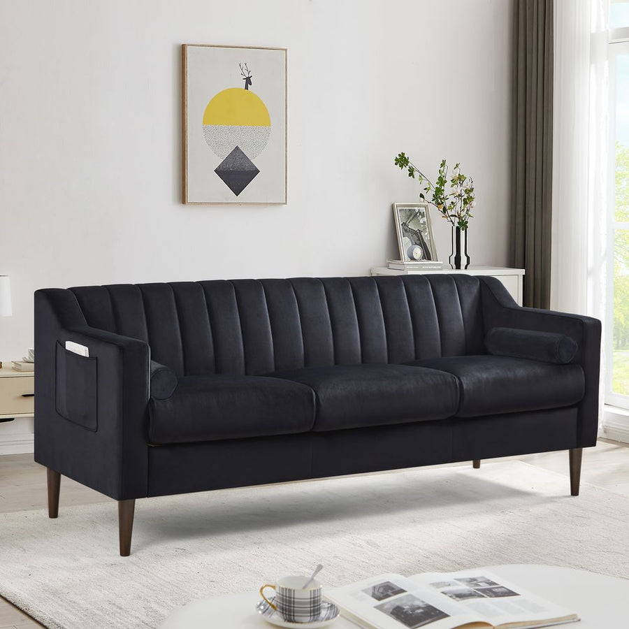 V0671266770 - Modern Chesterfield Sofa, Comfortable Upholstered Sofa, Velvet Fabric, Wooden Frame with Wooden Legs, Suitable for Living Room/Bedroom/Office, 3 Seat Sofa - Black - Coa Living