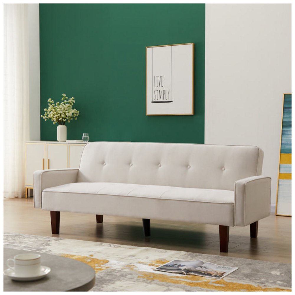 V0671300393 - Beige Sofa Bed, Modern Linen Sofa, Convertible Sleeper Sofa with Arms, Solid Wood Feet and Plastic Centre Feet - Coa Living