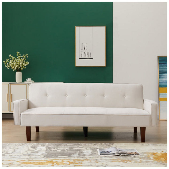 V0671300393 - Beige Sofa Bed, Modern Linen Sofa, Convertible Sleeper Sofa with Arms, Solid Wood Feet and Plastic Centre Feet - Coa Living