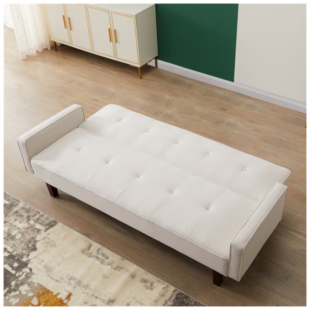 V0671300393 - Beige Sofa Bed, Modern Linen Sofa, Convertible Sleeper Sofa with Arms, Solid Wood Feet and Plastic Centre Feet - Coa Living