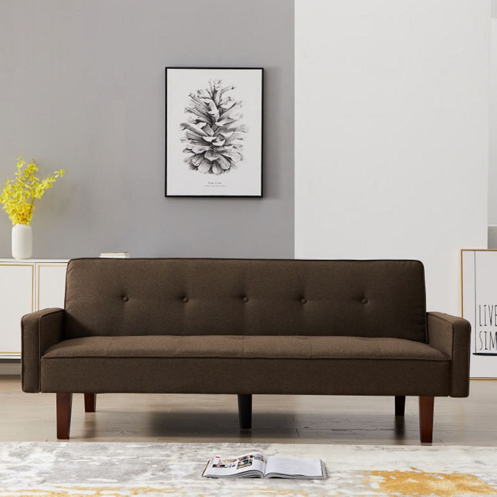 V0671300402 - Beige Sofa Bed, Modern Linen Sofa, Convertible Sleeper Sofa with Arms, Solid Wood Feet and Plastic Centre Feet - Coa Living