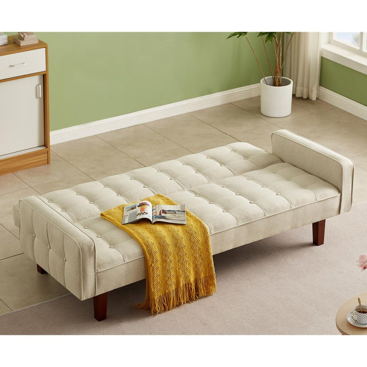 V0671301073 - Beige, Linen Futon Sofa Bed 73.62 Inch Fabric Upholstered Convertible Sofa Bed, Minimalist Style for Living Room, Bedroom. - Coa Living