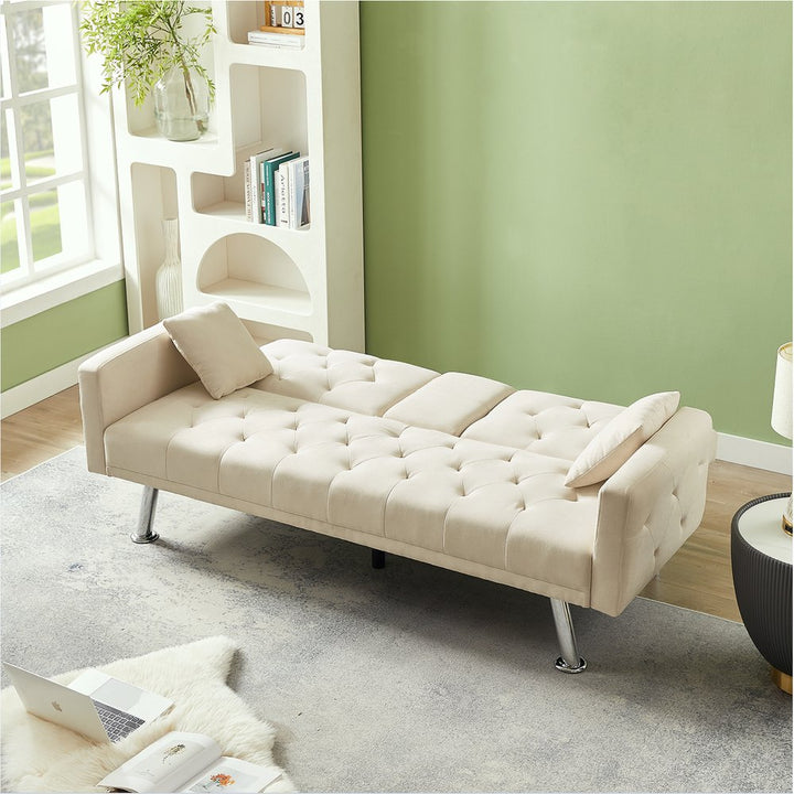 V0671348465 - Beige Linen Convertible Sofa and Bed, Square Arm Armrests, Can Hold Water Cup, Two Pillow - Coa Living