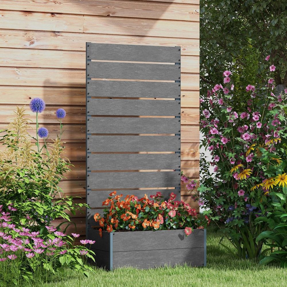 V0671440216 - Outsunny Raised Garden Bed with Trellis and Drainage Hole, Planter Box, Grey - Coa Living