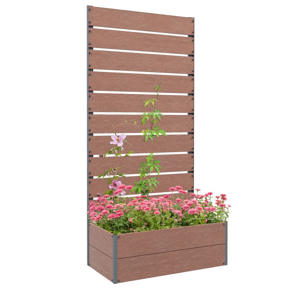 V0671440216 - Outsunny Raised Garden Bed with Trellis and Drainage Hole, Planter Box, Grey - Coa Living