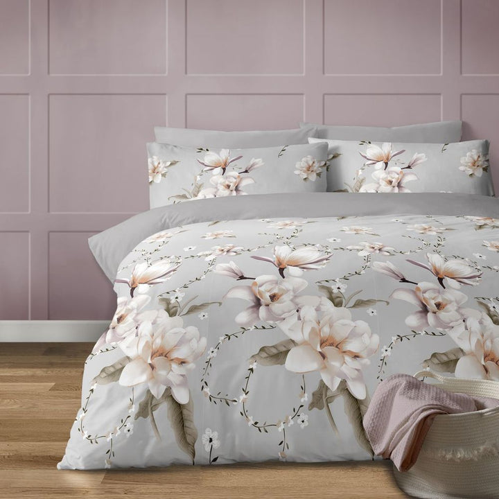 V0671444076 - Anemone grey duvet cover set with large white floral print - Coa Living