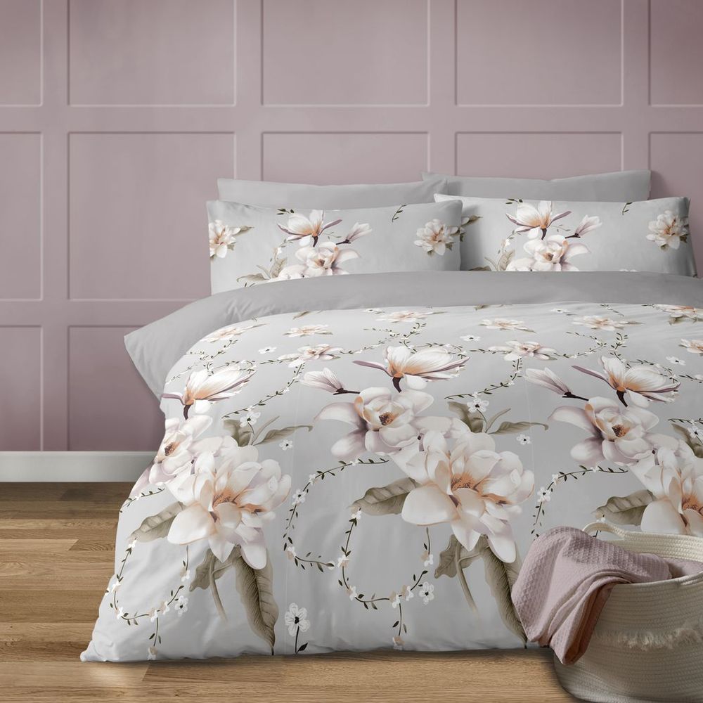 V0671444077 - Anemone grey duvet cover set with large white floral print - Coa Living