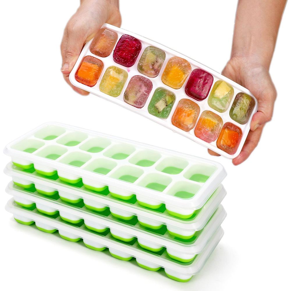 V067936132 - Vinsani 4 Pack Ice Cube Trays with Clear Removable Lid Easy - Release Silicone Flexible Ice Cube Moulds LFGB Certified and BPA Free Stackable Durable - Blue or Green - Coa Living