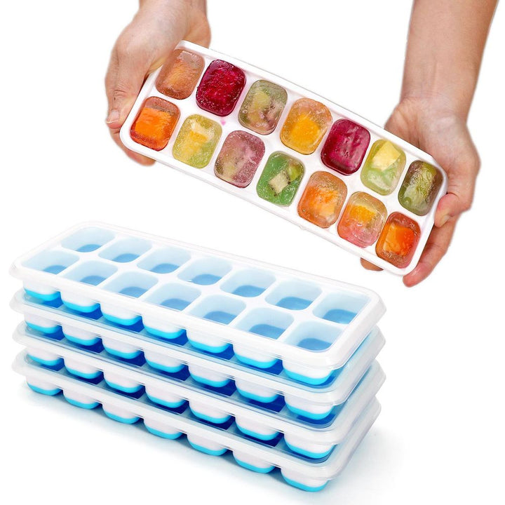 V067936132 - Vinsani 4 Pack Ice Cube Trays with Clear Removable Lid Easy - Release Silicone Flexible Ice Cube Moulds LFGB Certified and BPA Free Stackable Durable - Blue or Green - Coa Living