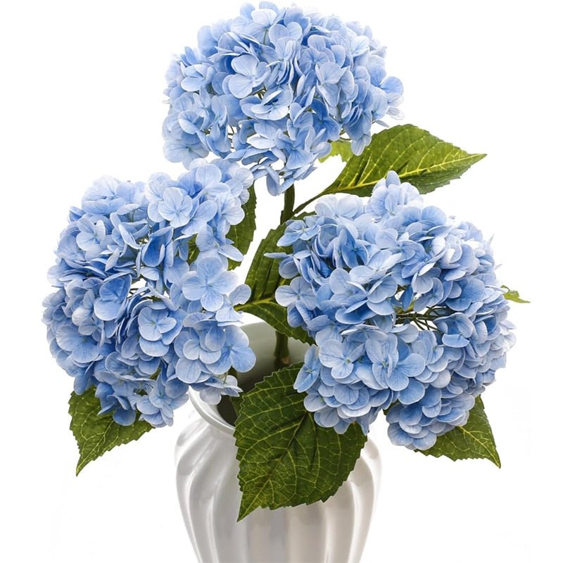 14:173#3 Pcs Light Blue - Artificial 3 Bloom Large Hydrangea Bouquet with Leaves - Coa Living