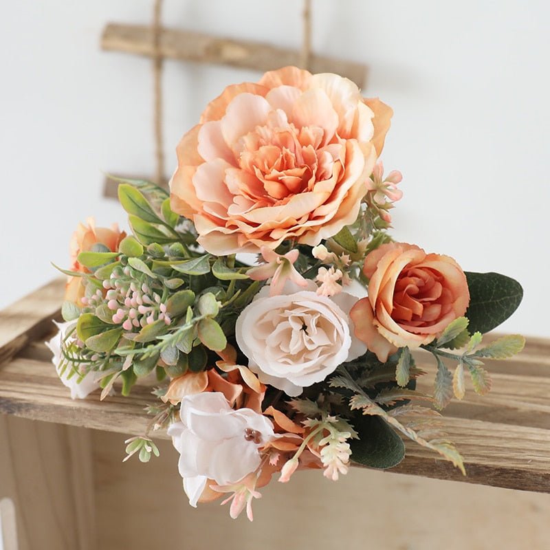 14:173#Orange - Artificial Peony Rose and Hydrangea Bouquet - Coa Living