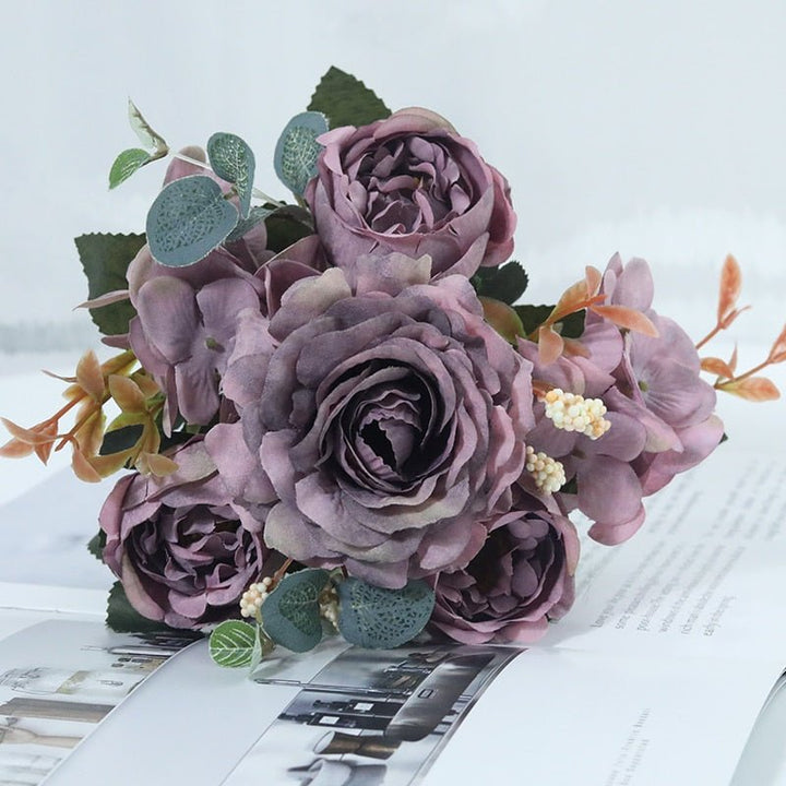 14:173#Purple - Artificial Hydrangea Rose Eucalyptus and Peony Faux Flower Bouquet - Coa Living