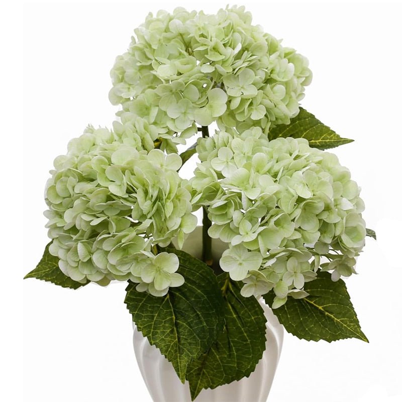 14:193#3 Pcs Light Green - Artificial 3 Bloom Large Hydrangea Bouquet with Leaves - Coa Living