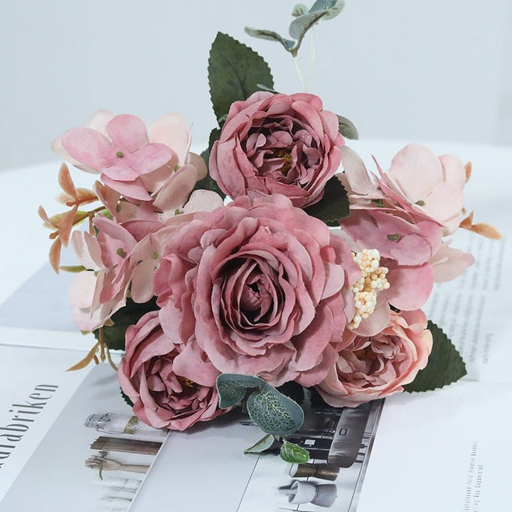 14:193#Dirty Pink - Artificial Hydrangea Rose Eucalyptus and Peony Faux Flower Bouquet - Coa Living